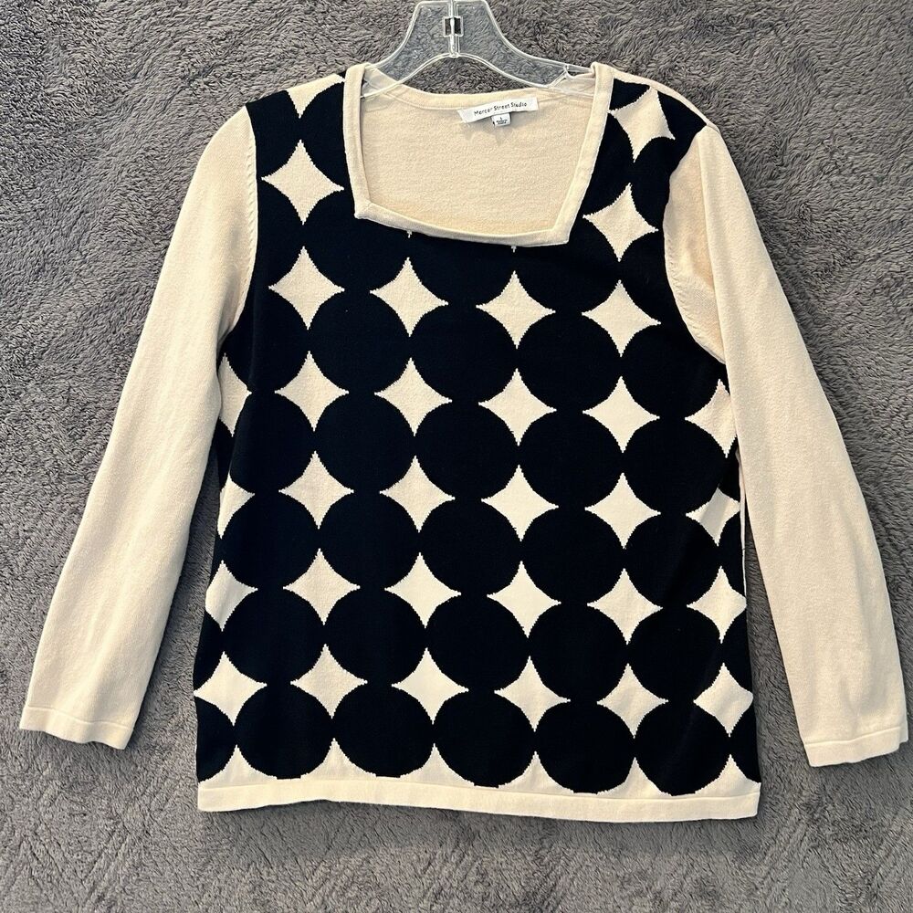 Mercer Street Studio Womens Geometric Sweater Black Cream Square Neck L